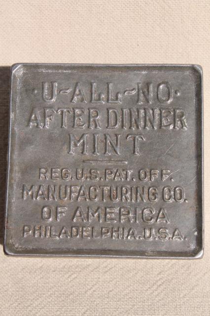 photo of old antique embossed metal tin, pocket size box U All No after dinner mints #2