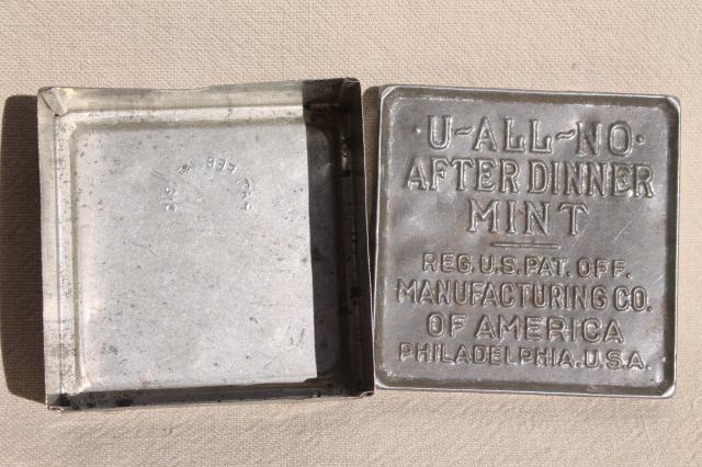 photo of old antique embossed metal tin, pocket size box U All No after dinner mints #6