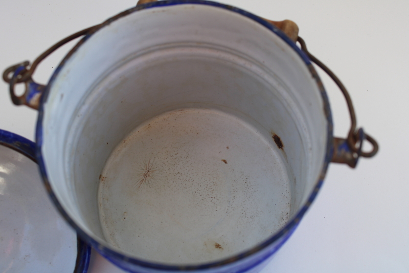 photo of old antique enamel ware lunch pail, small bucket w/ lid, carved wooden handle #6