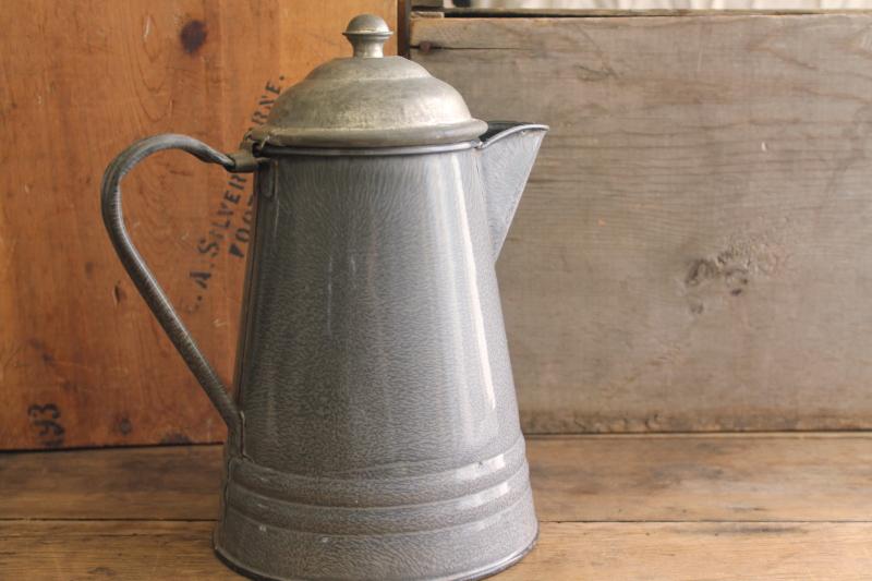 photo of old antique enamelware coffeepot, primitive grey granite ware pot w/ hinged tin lid #1
