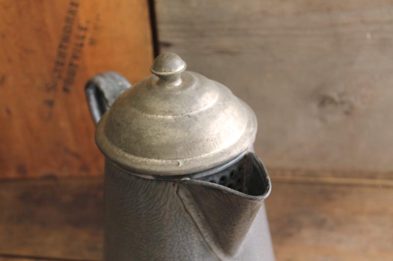 photo of old antique enamelware coffeepot, primitive grey granite ware pot w/ hinged tin lid #2