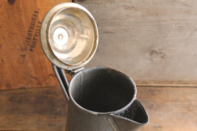 photo of old antique enamelware coffeepot, primitive grey granite ware pot w/ hinged tin lid #3