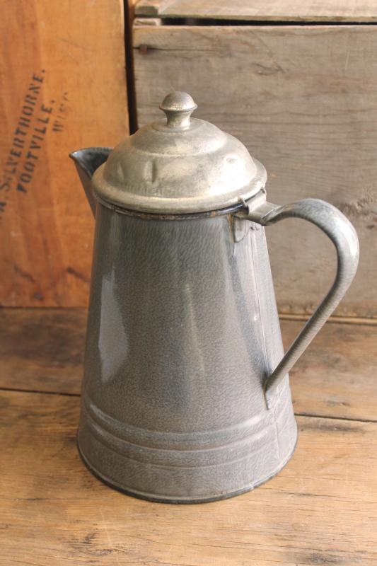 photo of old antique enamelware coffeepot, primitive grey granite ware pot w/ hinged tin lid #8