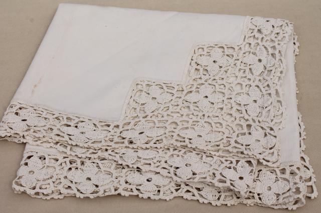 photo of old antique fabric table runner w/ heavy handmade lace, vintage whitework irish crochet #2