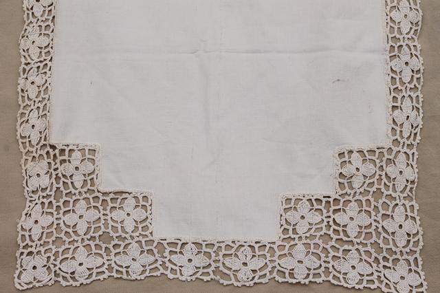 photo of old antique fabric table runner w/ heavy handmade lace, vintage whitework irish crochet #4