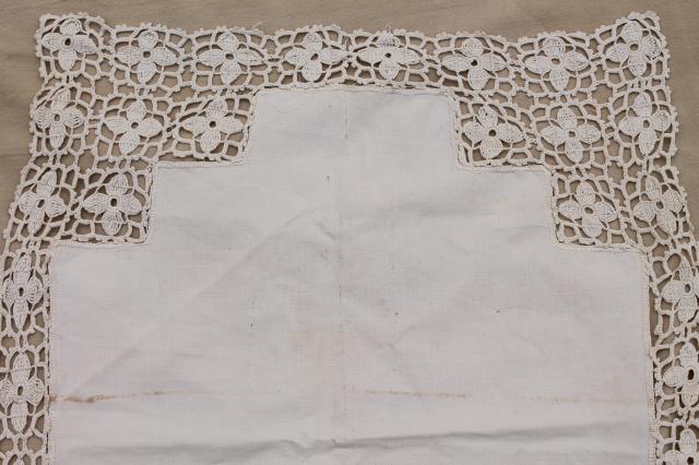 photo of old antique fabric table runner w/ heavy handmade lace, vintage whitework irish crochet #8