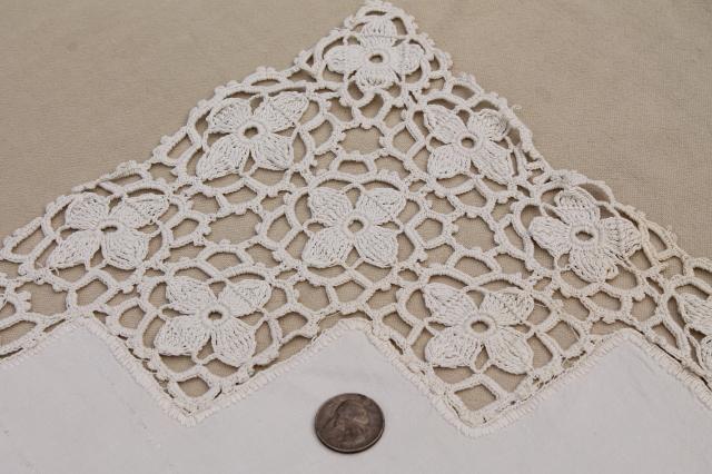 photo of old antique fabric table runner w/ heavy handmade lace, vintage whitework irish crochet #9