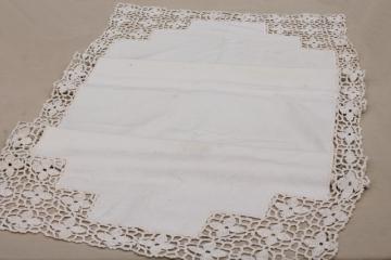 catalog photo of old antique fabric table runner w/ heavy handmade lace, vintage whitework irish crochet