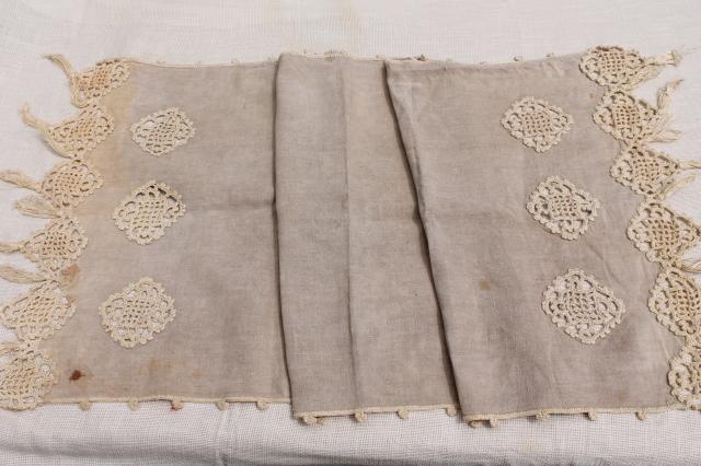 photo of old antique flax linen table runner w/ handmade lace, heavy irish crochet w/ tassels #1