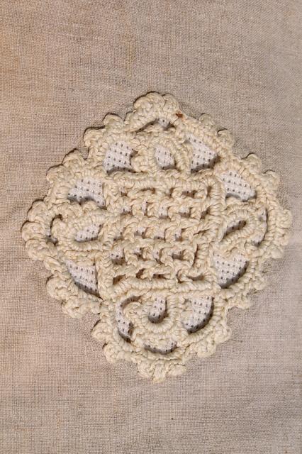 photo of old antique flax linen table runner w/ handmade lace, heavy irish crochet w/ tassels #2
