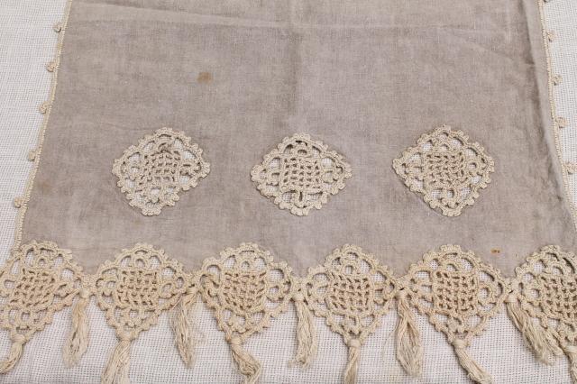 photo of old antique flax linen table runner w/ handmade lace, heavy irish crochet w/ tassels #4