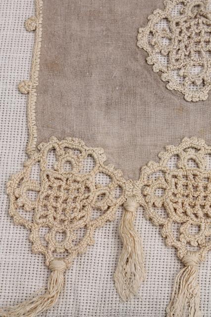 photo of old antique flax linen table runner w/ handmade lace, heavy irish crochet w/ tassels #5