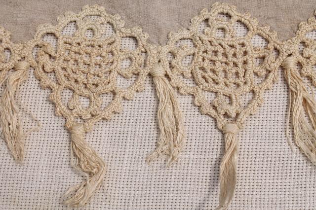 photo of old antique flax linen table runner w/ handmade lace, heavy irish crochet w/ tassels #6