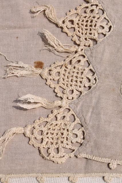 photo of old antique flax linen table runner w/ handmade lace, heavy irish crochet w/ tassels #9