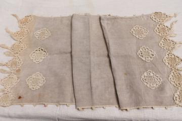 catalog photo of old antique flax linen table runner w/ handmade lace, heavy irish crochet w/ tassels