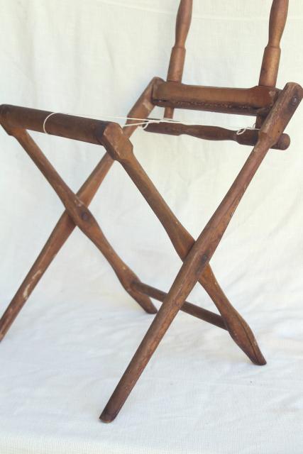 photo of old antique folding wood chair frame needs new fabric, Edwardian vintage lawn beach camping seat #2