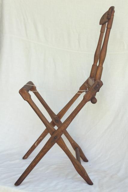 photo of old antique folding wood chair frame needs new fabric, Edwardian vintage lawn beach camping seat #7