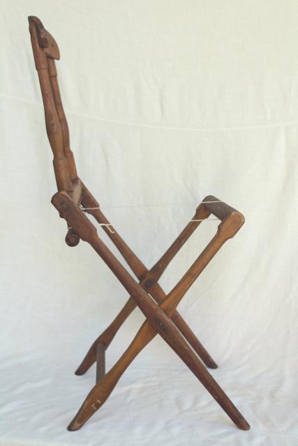 photo of old antique folding wood chair frame needs new fabric, Edwardian vintage lawn beach camping seat #10