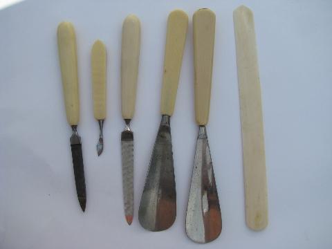 photo of old antique french ivory celluloid vanity set - combs, brush, perfume bottle #2