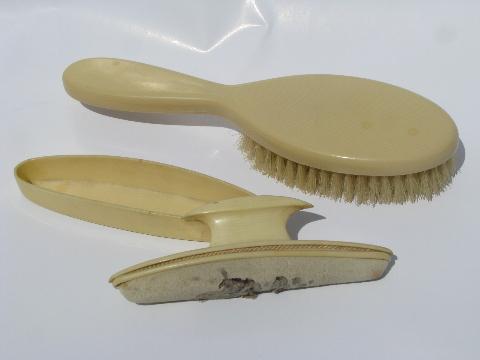 photo of old antique french ivory celluloid vanity set - combs, brush, perfume bottle #6