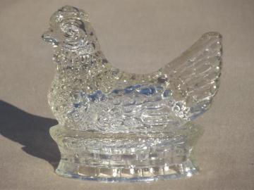 catalog photo of old antique glass candy container Easter chicken, depression glass hen on nest