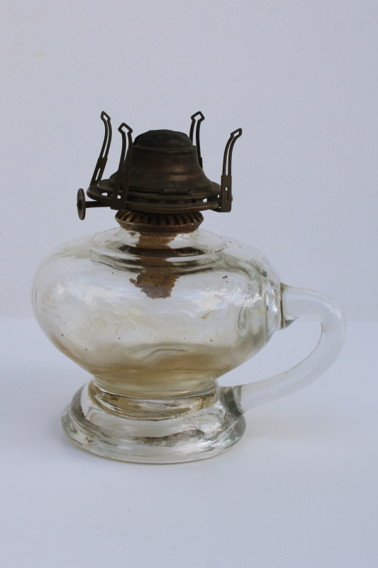 photo of old antique glass oil lamp with handle, early 1900s vintage Queen Anne burner  #1