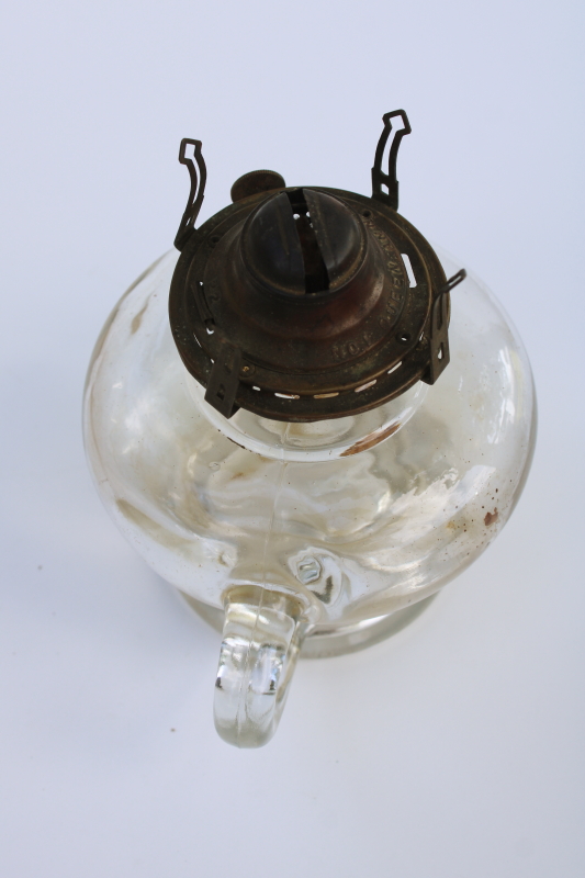 photo of old antique glass oil lamp with handle, early 1900s vintage Queen Anne burner  #5