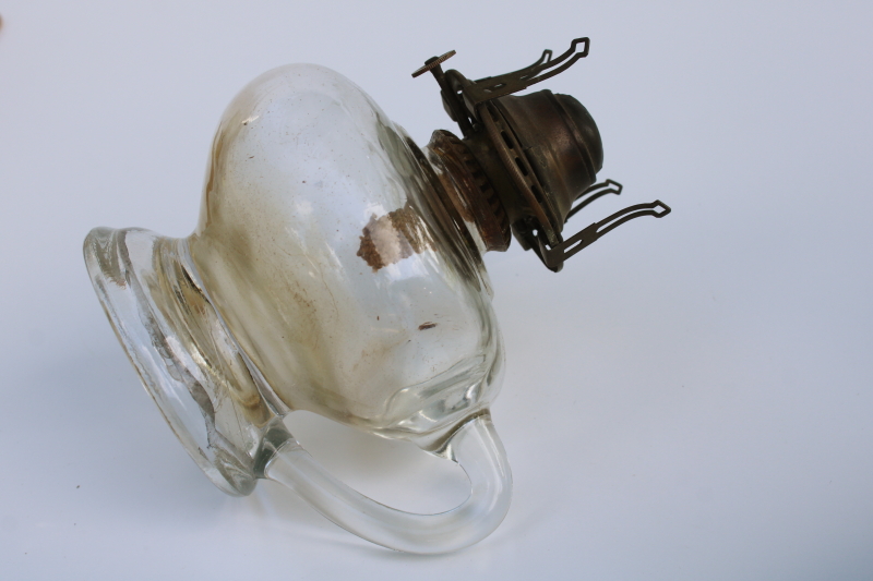 photo of old antique glass oil lamp with handle, early 1900s vintage Queen Anne burner  #6