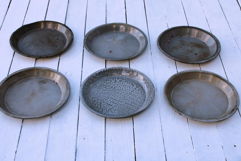photo of old antique gray graniteware enamel plates, pie pans or camp dishes worn & weathered cowboy chuck wagon  #1