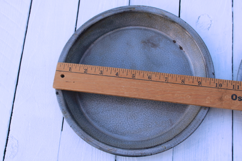 photo of old antique gray graniteware enamel plates, pie pans or camp dishes worn & weathered cowboy chuck wagon  #2