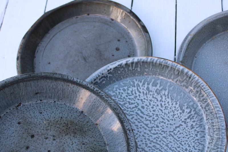 photo of old antique gray graniteware enamel plates, pie pans or camp dishes worn & weathered cowboy chuck wagon  #3