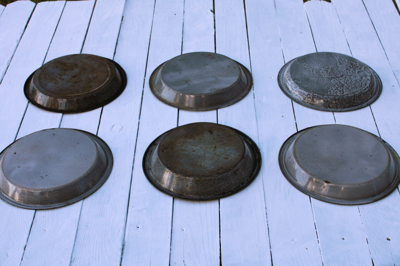 photo of old antique gray graniteware enamel plates, pie pans or camp dishes worn & weathered cowboy chuck wagon  #4