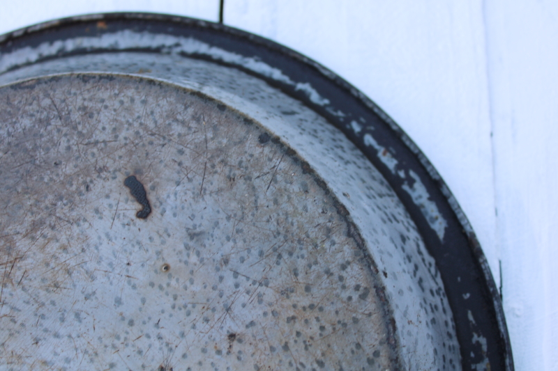photo of old antique gray graniteware enamel plates, pie pans or camp dishes worn & weathered cowboy chuck wagon  #5