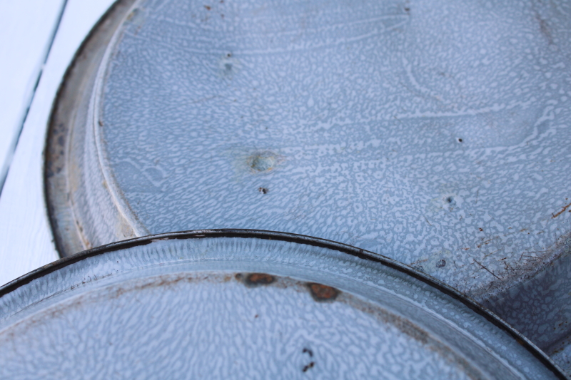 photo of old antique gray graniteware enamel plates, pie pans or camp dishes worn & weathered cowboy chuck wagon  #6