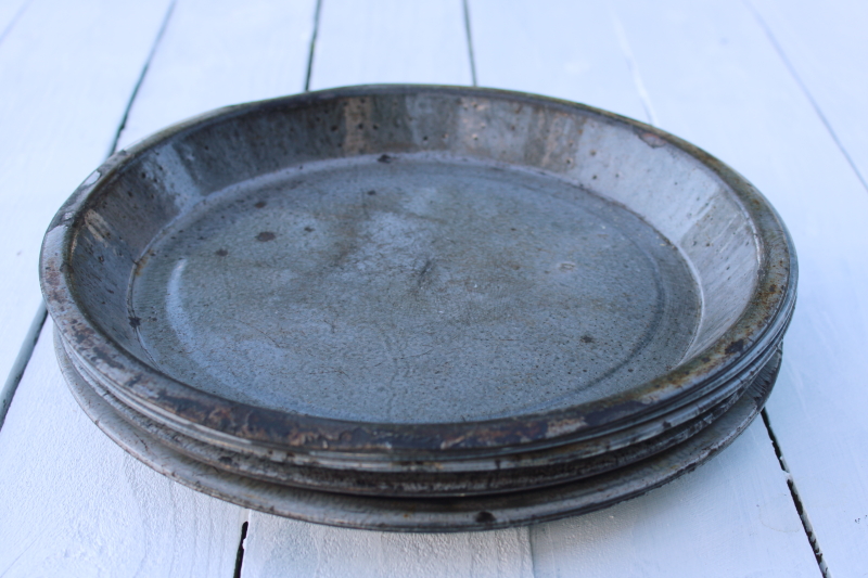 photo of old antique gray graniteware enamel plates, pie pans or camp dishes worn & weathered cowboy chuck wagon  #7