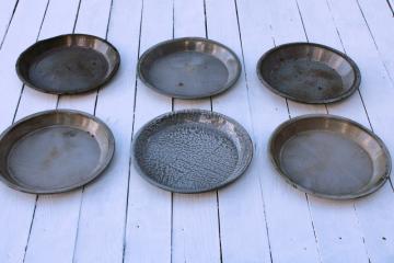 catalog photo of old antique gray graniteware enamel plates, pie pans or camp dishes worn & weathered cowboy chuck wagon 