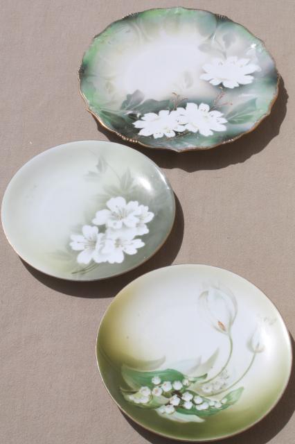 photo of old antique green & white china plates, hand-painted flowers & lilies of the valley #1