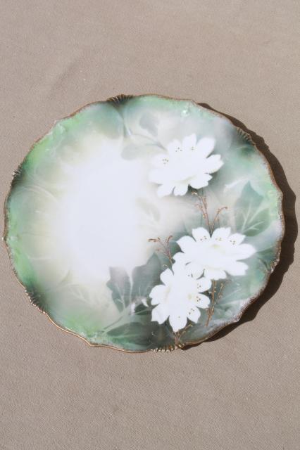 photo of old antique green & white china plates, hand-painted flowers & lilies of the valley #2