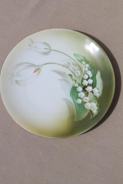 photo of old antique green & white china plates, hand-painted flowers & lilies of the valley #4