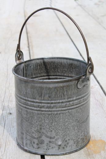 photo of old antique grey graniteware, primitive little lunch pail or berry bucket #1