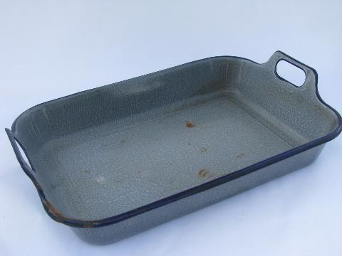 photo of old antique grey spatter graniteware, vintage enamelware roasting pan w/ handles #1