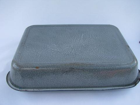 photo of old antique grey spatter graniteware, vintage enamelware roasting pan w/ handles #3