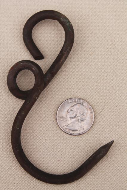 photo of old antique hand forged copper hook for hanger rack or scale, vintage hardware #1