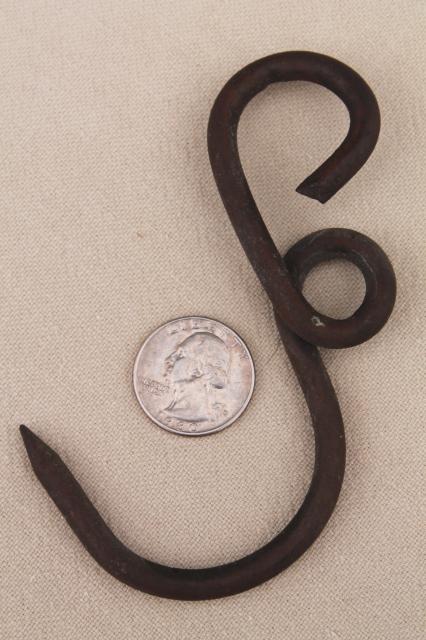 photo of old antique hand forged copper hook for hanger rack or scale, vintage hardware #3