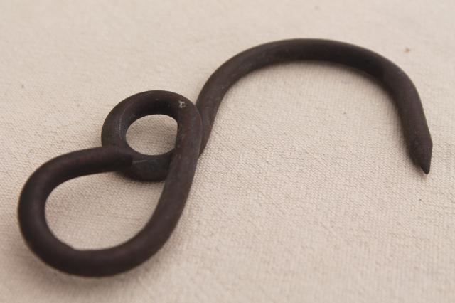 photo of old antique hand forged copper hook for hanger rack or scale, vintage hardware #5