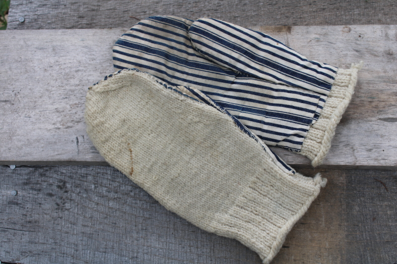 photo of old antique hand knit wool mittens, farm chores chopper mittens w/ blue striped ticking fabric  #2