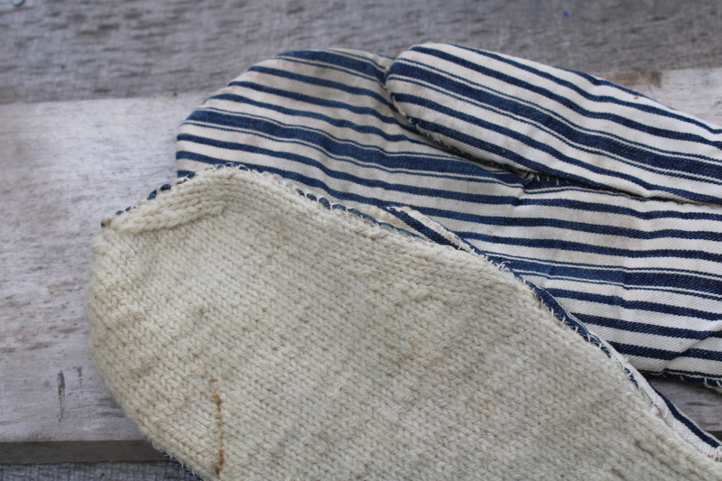 photo of old antique hand knit wool mittens, farm chores chopper mittens w/ blue striped ticking fabric  #3