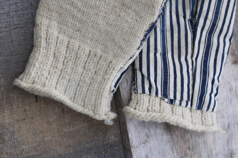 photo of old antique hand knit wool mittens, farm chores chopper mittens w/ blue striped ticking fabric  #4