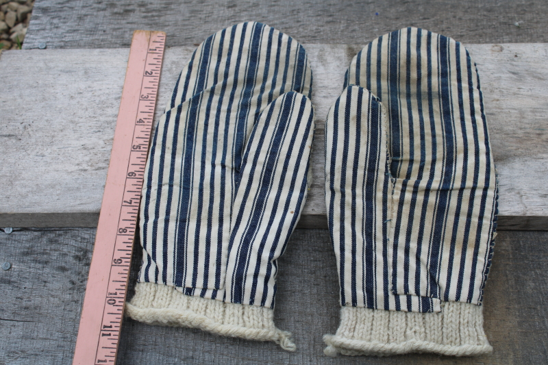 photo of old antique hand knit wool mittens, farm chores chopper mittens w/ blue striped ticking fabric  #5