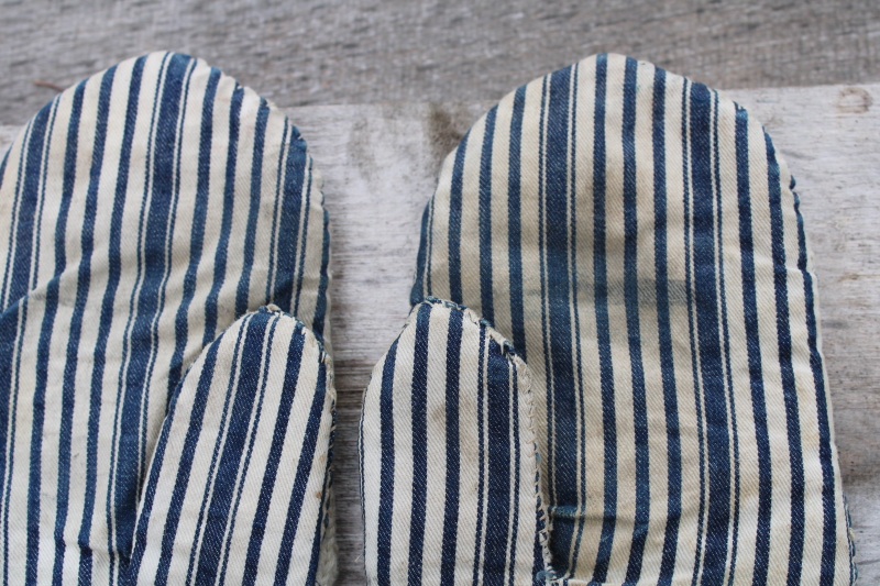 photo of old antique hand knit wool mittens, farm chores chopper mittens w/ blue striped ticking fabric  #6